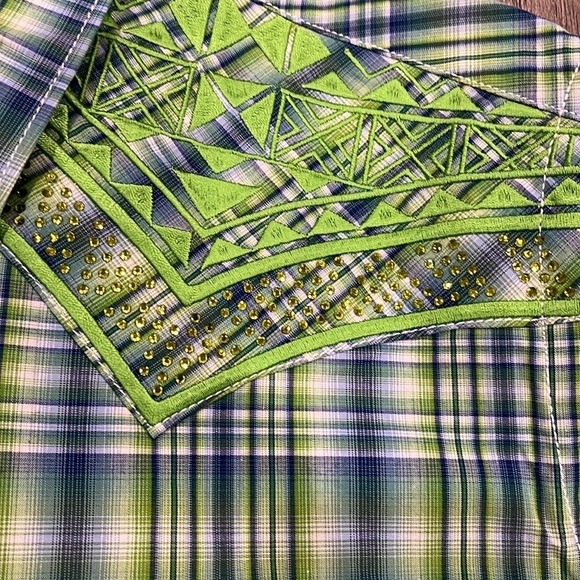 [M]Panhandle WMN Western Green Embellished Plaid Snap Button Rolled Sleeve Shirt - Picture 4 of 8
